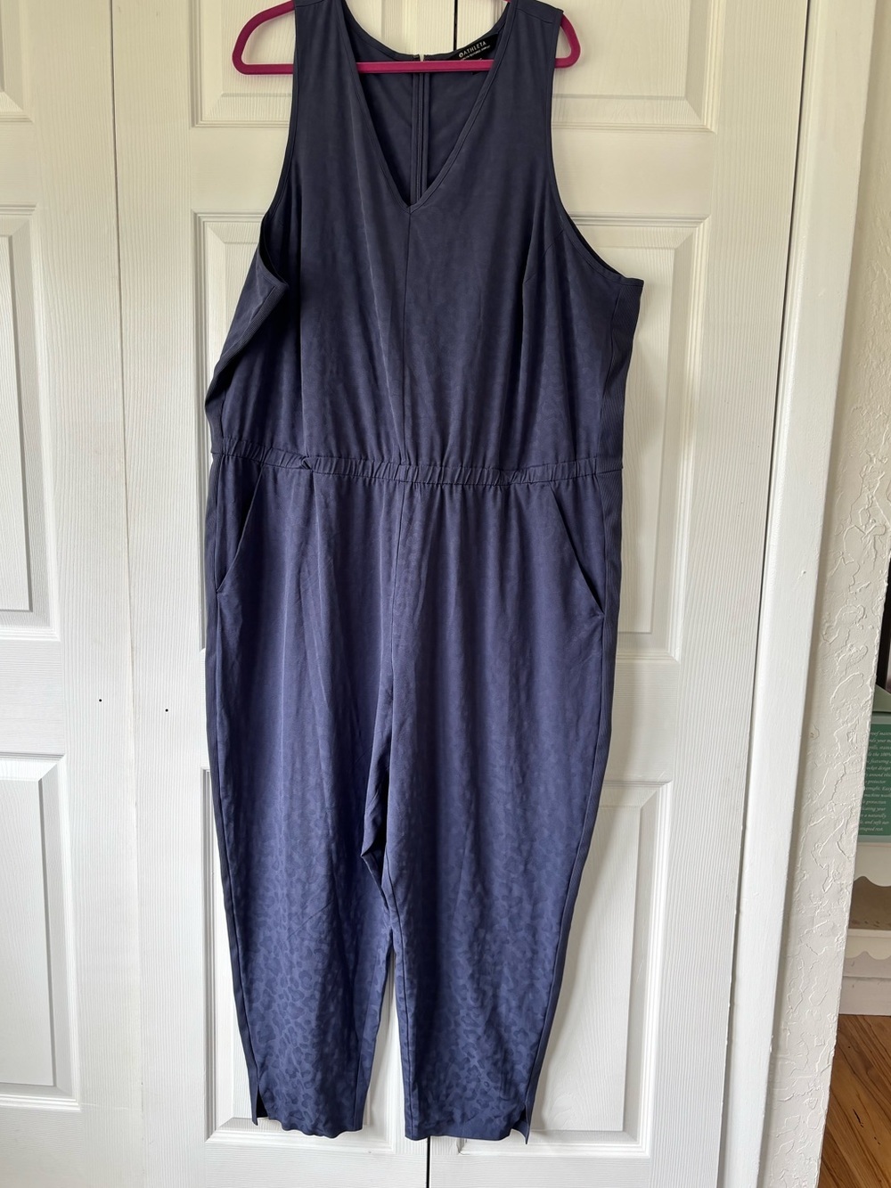 Athleta Brooklyn Textured Jumpsuit Size 2X/26 Blue Jacquard Sleeveless Pockets